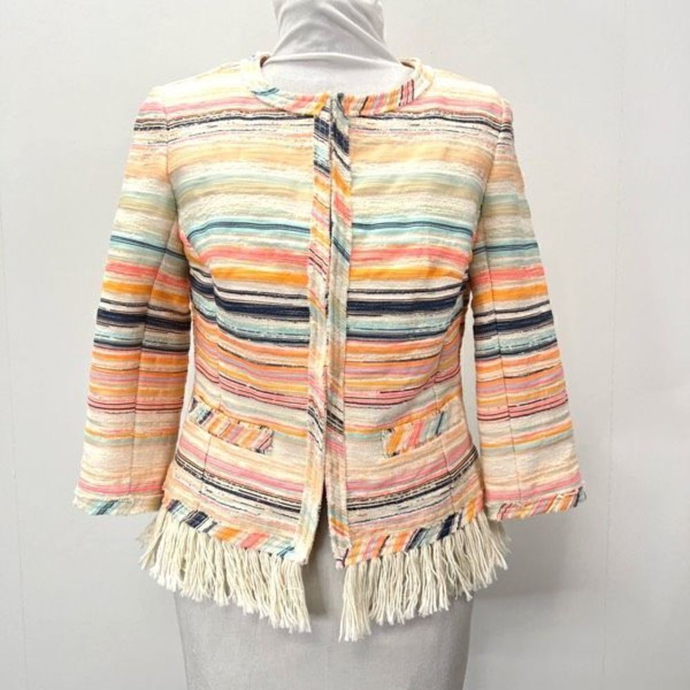 Trina Turk Women’s Size 6 Small Nani Stripe Woven Jacket Blazer Fringe Hem Neon